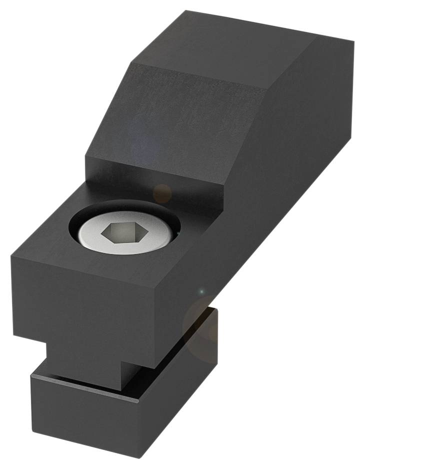 Ein massiver Metallblock mit einem vertieften Schraubenkopf, der über eine Klemme mit einem unteren Block verbunden ist.