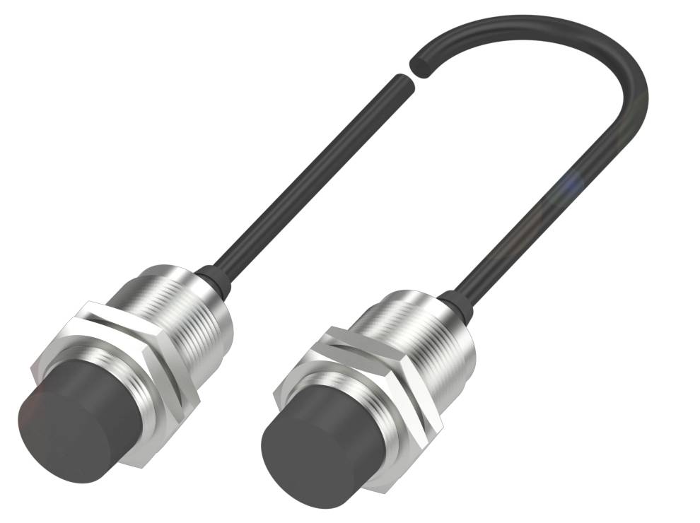 Zwei zylindrische Metallkomponenten mit schwarzen Endkappen, verbunden durch ein schwarzes Kabel; technische Gerätekomponenten.