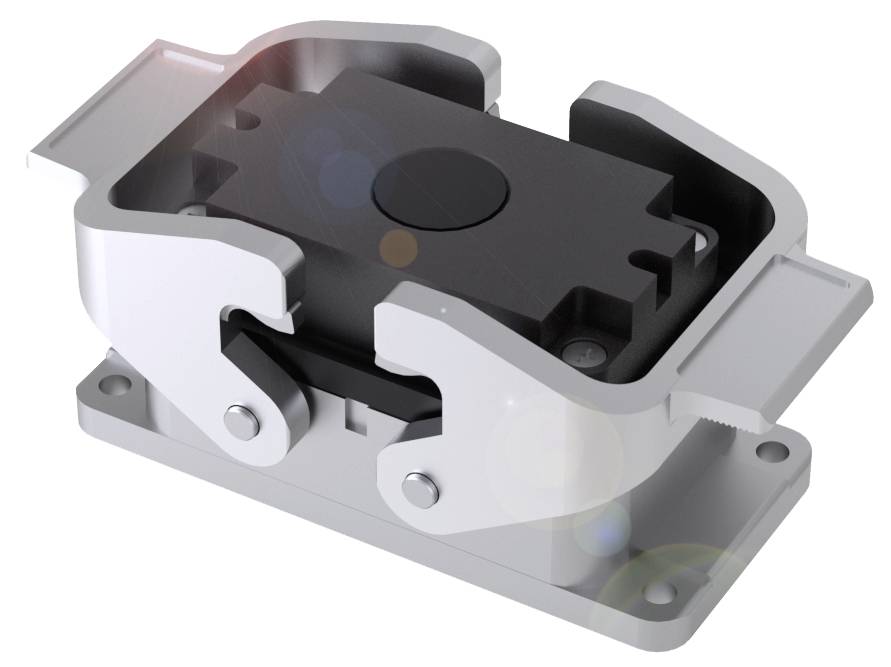 Eine metallische Halterung oder Befestigung mit beweglichen Teilen, die für mechanische oder industrielle Anwendungen genutzt werden könnte.