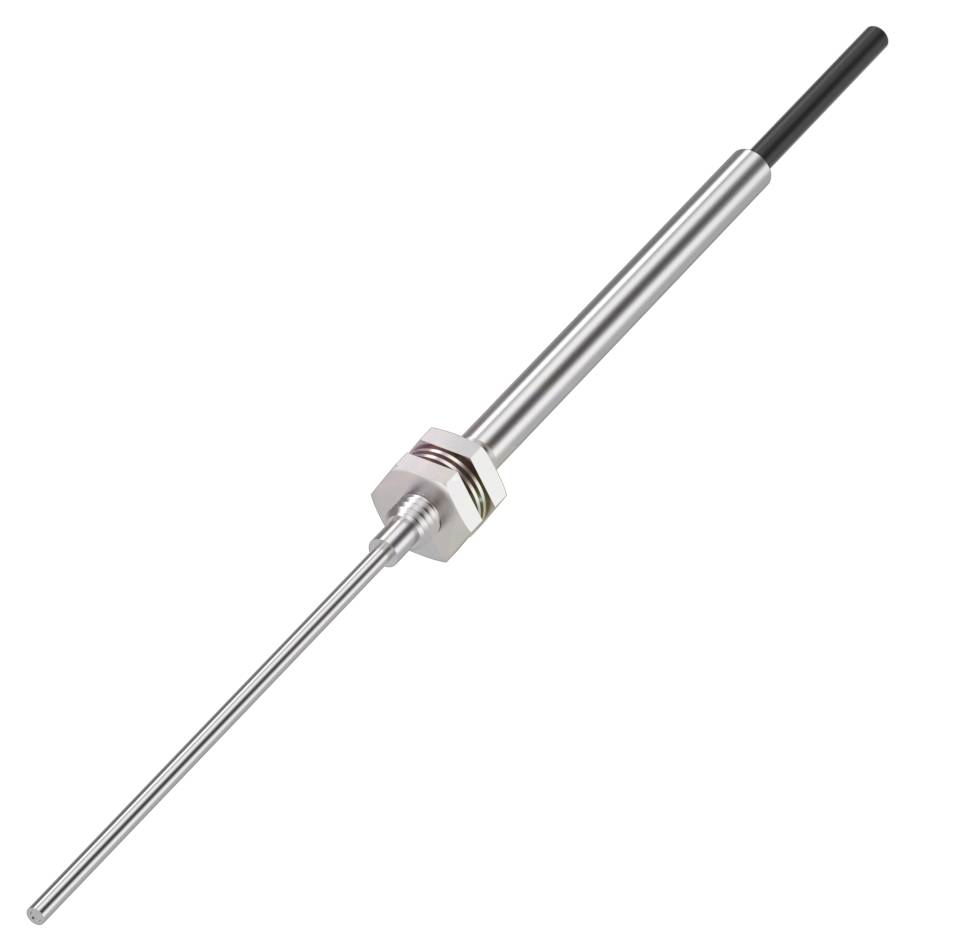 Ein langer, schlanker Metallstab mit einem schwarzen Kabel am Ende. Der Stab hat in der Mitte ein Gewinde und eine Mutter zur Befestigung.