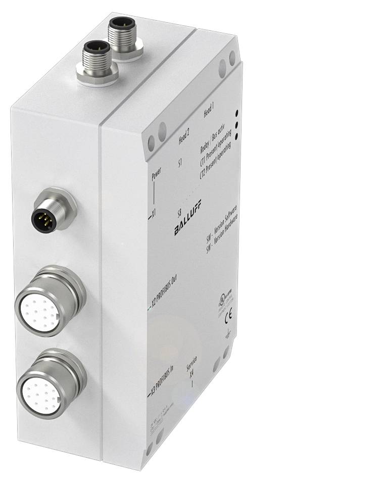 Industriegehäuse mit drei Anschlüssen; darauf sind Beschriftungen für technische Spezifikationen sichtbar.