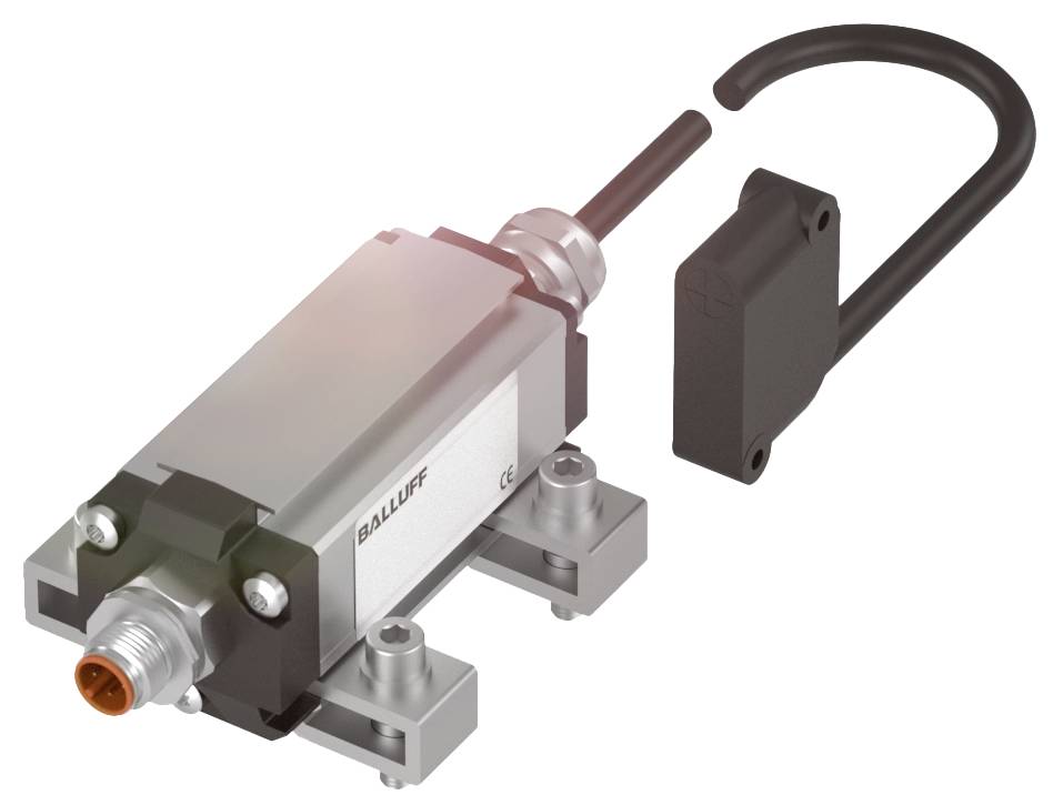 Magnetfeld-Positionssensor mit rechteckigem Gehäuse, Steckverbinder und einem schwarzen Befestigungshaken.