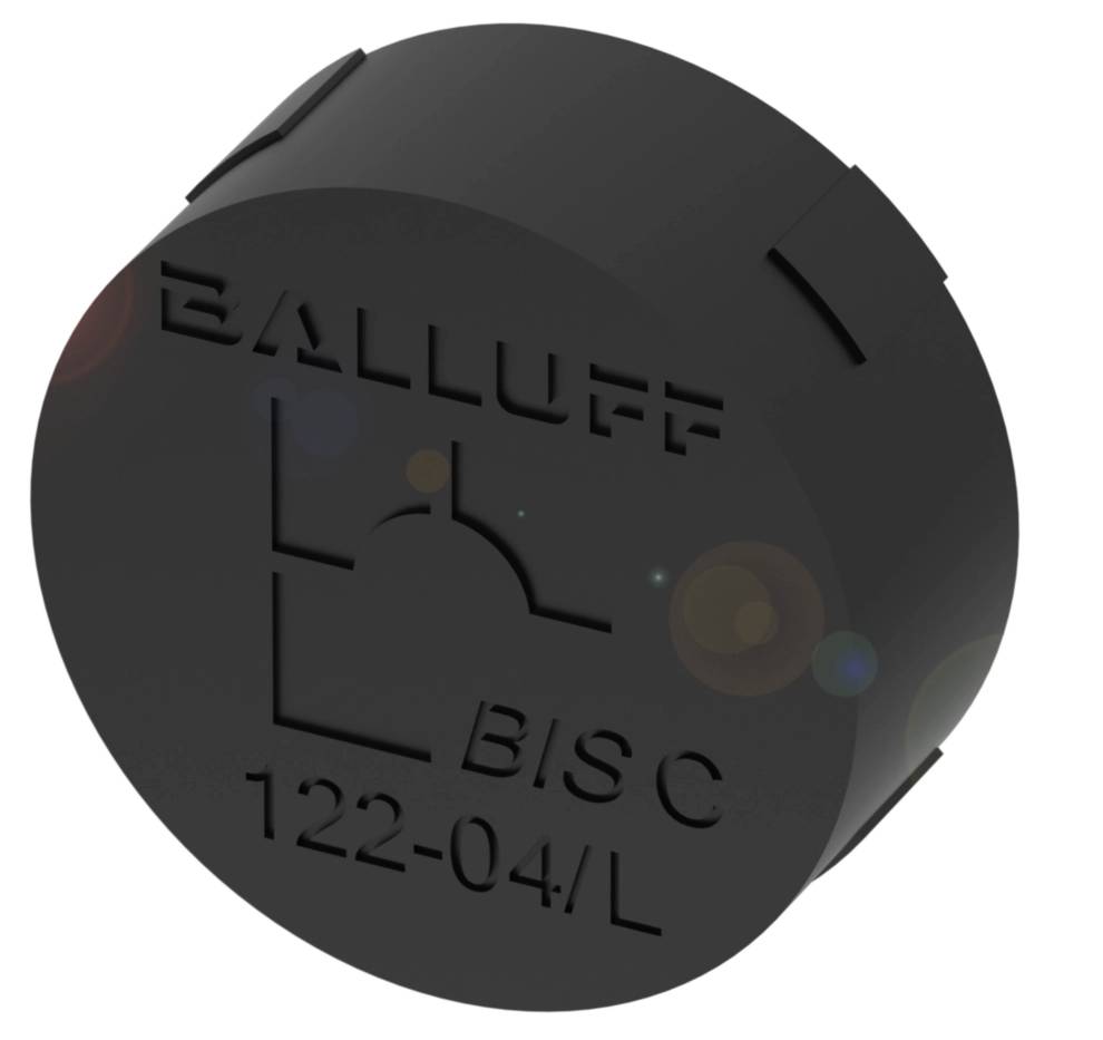 Schwarzer runder Sensor von Balluff mit der Aufschrift 'BISC 122-04/L', deutliche Markenprägung sichtbar.