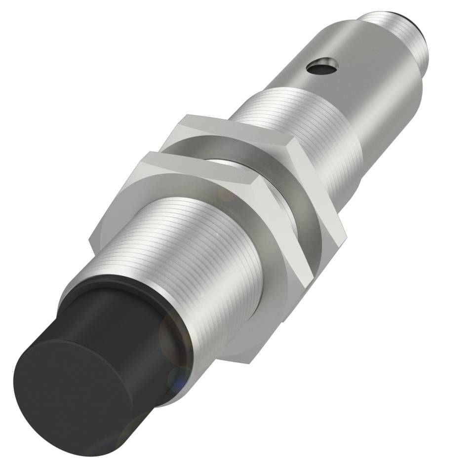 Ein zylindrischer Metall-Industriesensor mit schwarzem Kopf und Schraubengewinde. Geeignet für Maschinenbauanwendungen.