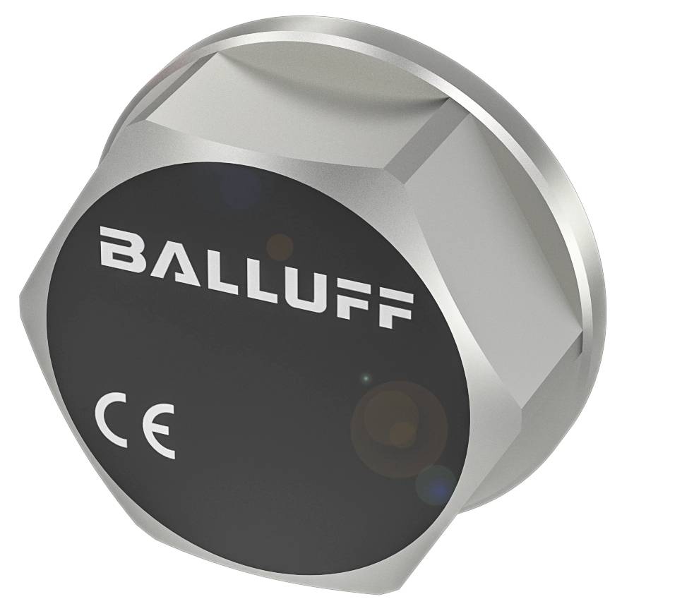 Kreissensor mit 'BALLUFF' und 'CE'-Kennzeichnung auf schwarzer Fläche, silbernes Gehäuse, industrielles Design.