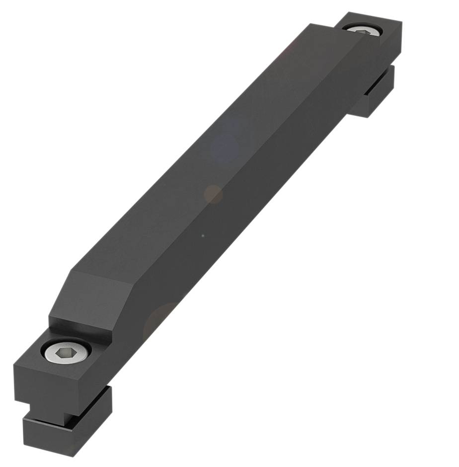 Rechteckiger, schwarzer Metallbalken mit zwei Schrauben an den Enden für Befestigungszwecke.