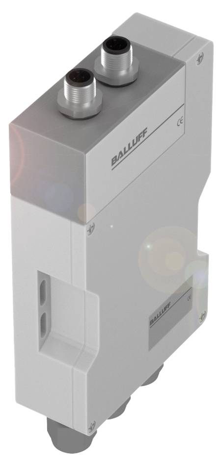Ein rechteckiges, graues Gerät mit zwei Anschlussbuchsen oben, einer Marke 'Balluff'. Es wirkt wie ein industrieller Sensor oder Schaltgerät.