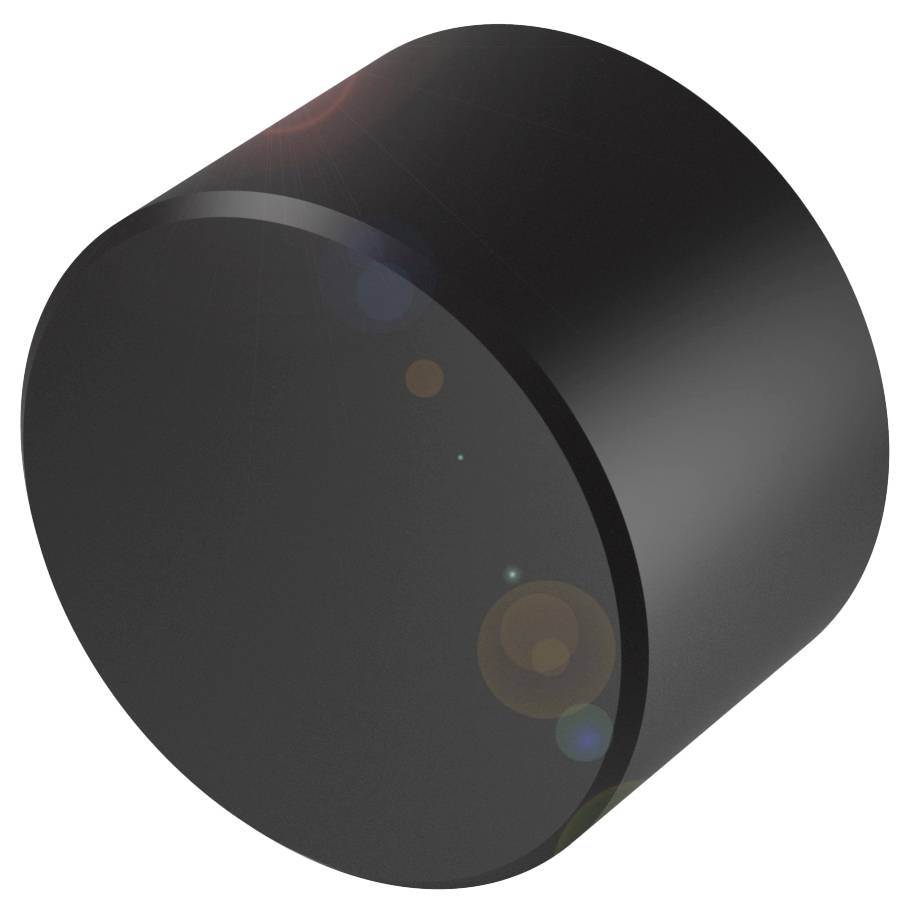 Schwarzer zylindrischer Knopf in 3D-Ansicht mit reflektierenden Lichteffekten auf der Oberfläche.