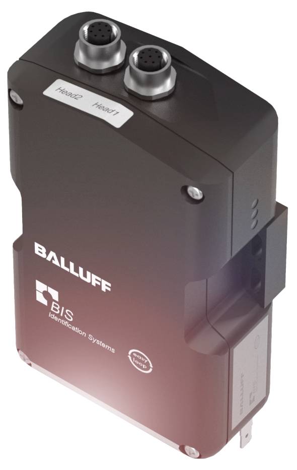 Industrielles Lesegerät zur Identifikation, schwarz, mit zwei Anschlüssen oben, Marke 