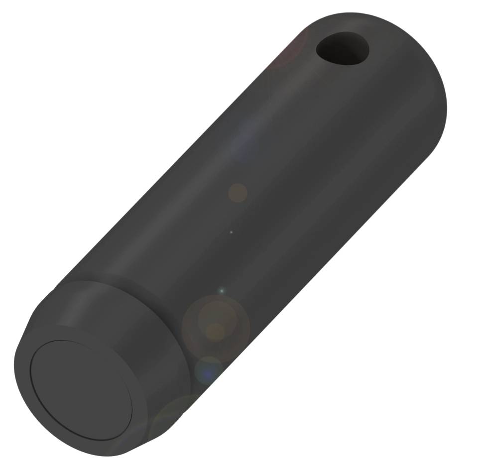 Schwarzer zylindrischer Kunststoffgriff mit runder Kappe und Bohrung am Ende, möglicherweise als Halterung oder Befestigungsteil.