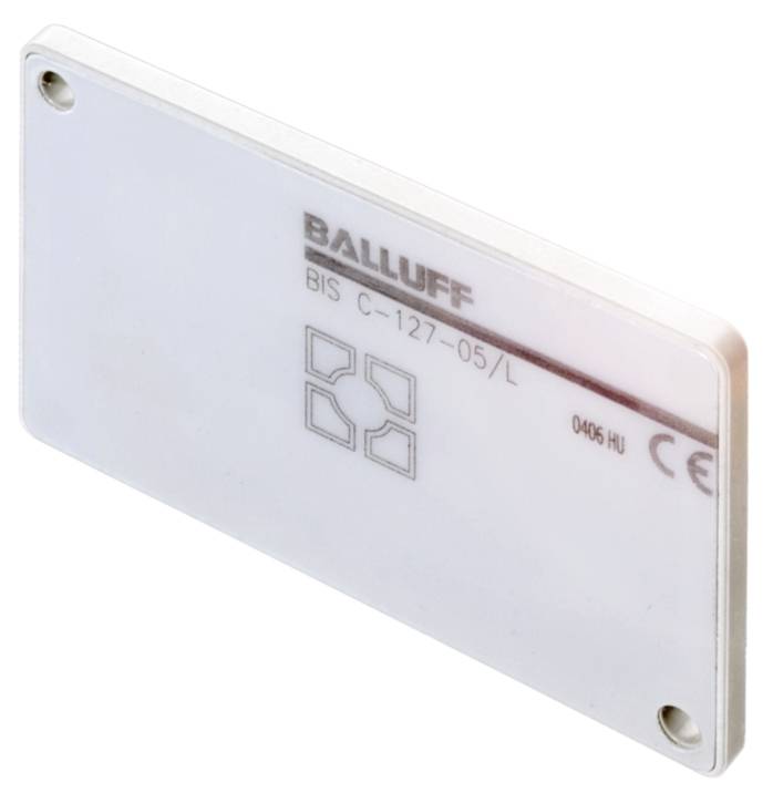 Rechteckiger RFID-Datenträger von Balluff, Modell BIS C-127-05/L, mit CE-Kennzeichnung und geometrischem Symbol auf der Vorderseite.