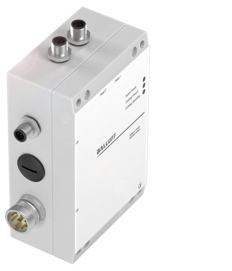 Industrielles Gerät mit mehreren Anschlussbuchsen in einer weißen, rechteckigen Box. Aufschrift 'Balluff' sichtbar.