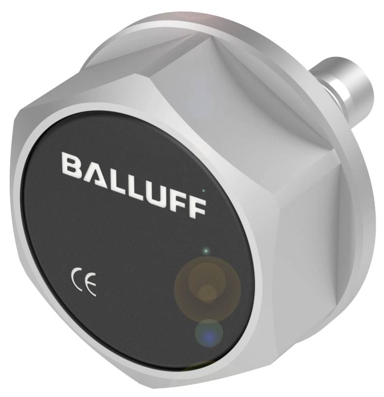 Ein silberner, sechseckiger Sensor von Balluff mit CE-Kennzeichnung.