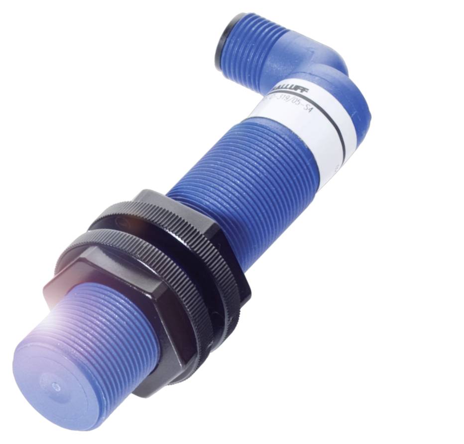 Ein blauer zylindrischer Sensor mit einem rechten Winkelanschluss und schwarzer Befestigungsmutter, häufig in der Industrie verwendet.