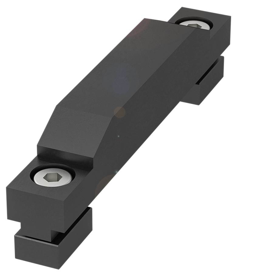 Ein schwarzer metallischer Gegenstand mit zwei Schrauben an den Enden, wahrscheinlich ein Maschinenteil oder eine Halterung.