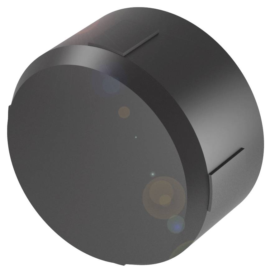 Schwarzer, runder Drehknopf mit glatter Oberfläche, leicht schräg fotografiert. Lichteffekte reflektieren auf der Oberfläche.