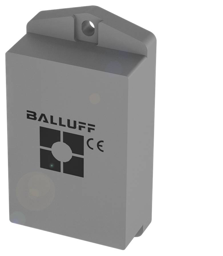 Ein rechteckiges, graues RFID-Industriegehäuse mit 'BALLUFF' und CE-Markierung. Es hat ein Befestigungsloch oben.