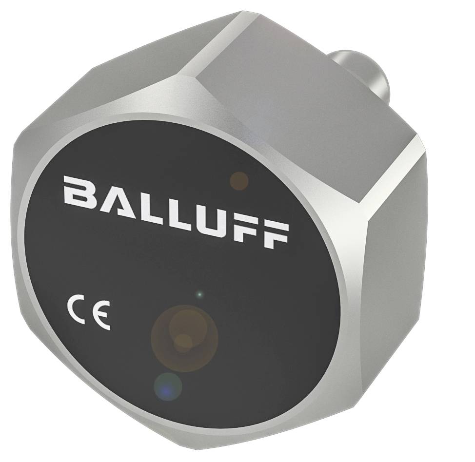Ein Metallsensor mit sechseckiger Form und der Aufschrift 'Balluff' und 'CE' auf der Vorderseite.