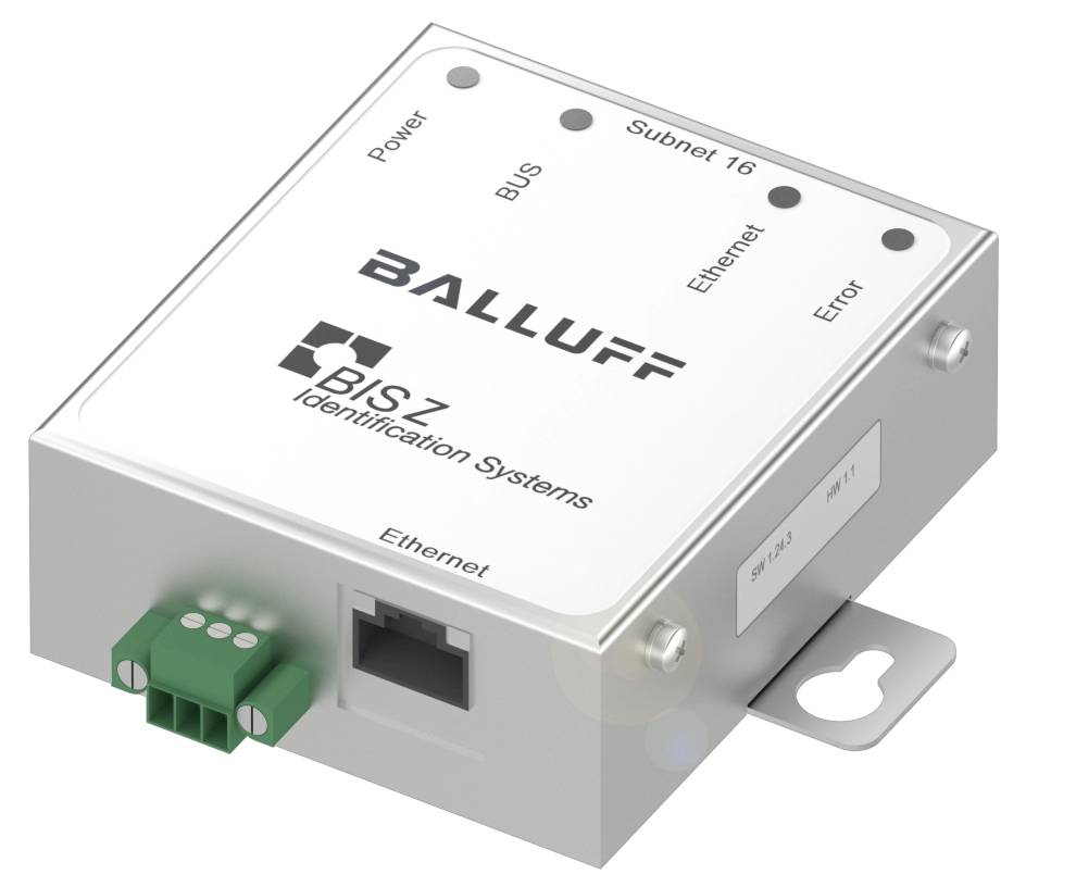 Ein metallisches Gerät mit dem Logo 'Balluff BISZ Identification Systems'. Zu sehen sind Anschlüsse für Ethernet, Strom und weitere Funktionen.