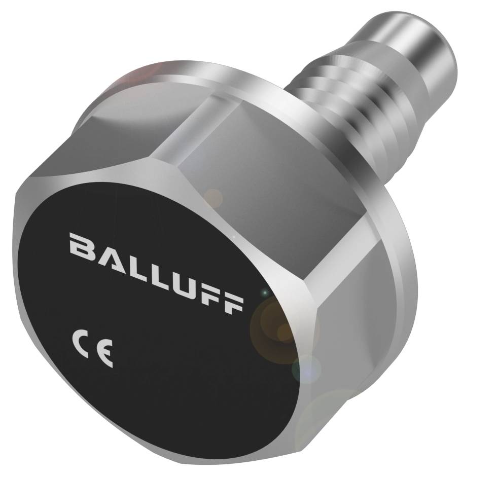 Ein zylindrischer Sensor der Marke 'Balluff', silberfarben mit schwarzer Kappe. CE-Zertifizierung sichtbar auf der Oberseite.