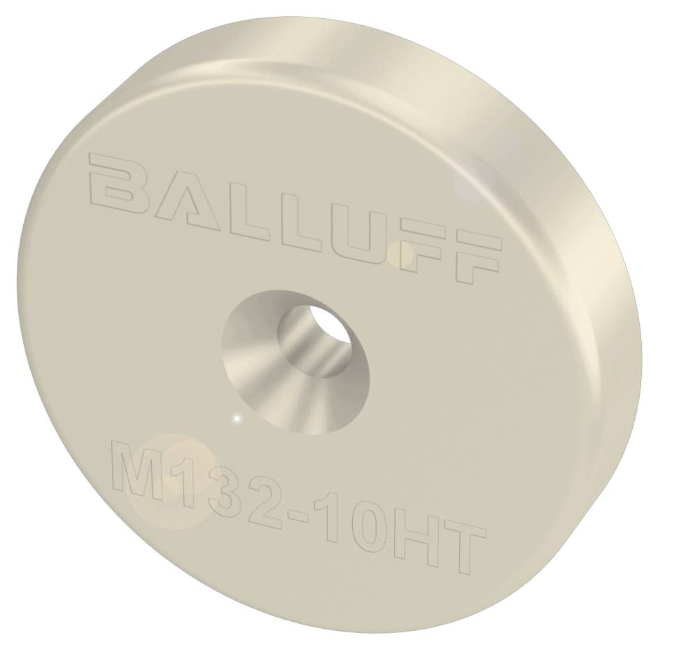 Runde, flache Metallkomponente mit zentraler Öffnung und dem Schriftzug 'BALLUFF M132-10HT'.