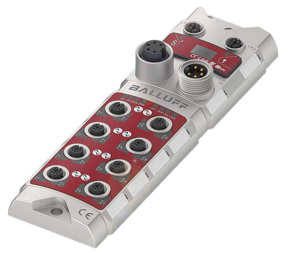 Ein industrielles Anschlussmodul mit mehreren kreisförmigen Steckverbindern, Markenname 'Balluff', geeignet für industrielle Automatisierung.