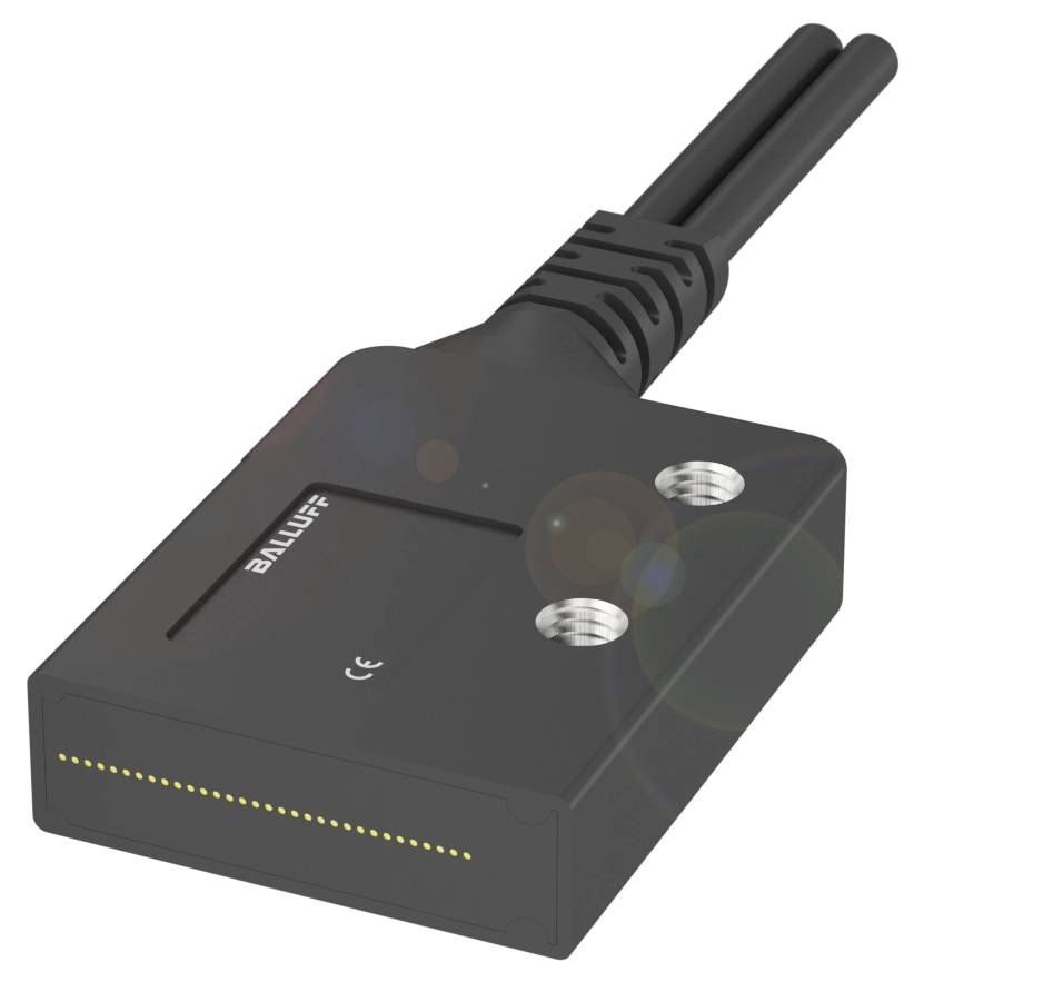 Ein rechteckiger, schwarzer Näherungssensor mit Kabelanschluss. Zwei Befestigungsöffnungen sind sichtbar. Markiert mit 'Balluff'.