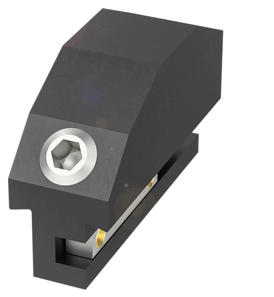 Ein schwarzes Metallteil mit einer Sechskantschraube darauf, vermutlich Teil einer Maschinenbau-Baugruppe.