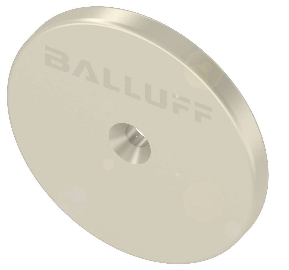 Runder, beige Sensor von Balluff mit zentraler Öffnung.