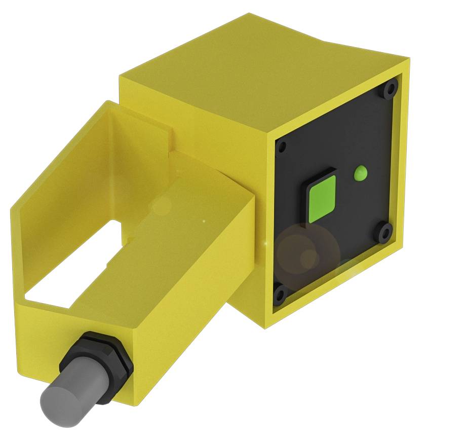 Gelbes Industriesensorgerät mit rechteckigem Gehäuse, schwarzer Vorderseite, grünem Knopf und seitlichem Metallknopf. Verbindungsansatz rechts.