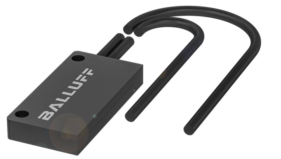 Ein schwarzer Sensor mit zwei gebogenen Antennen, auf dem 'BALLUFF' steht. Entworfen für industrielle Anwendungen.