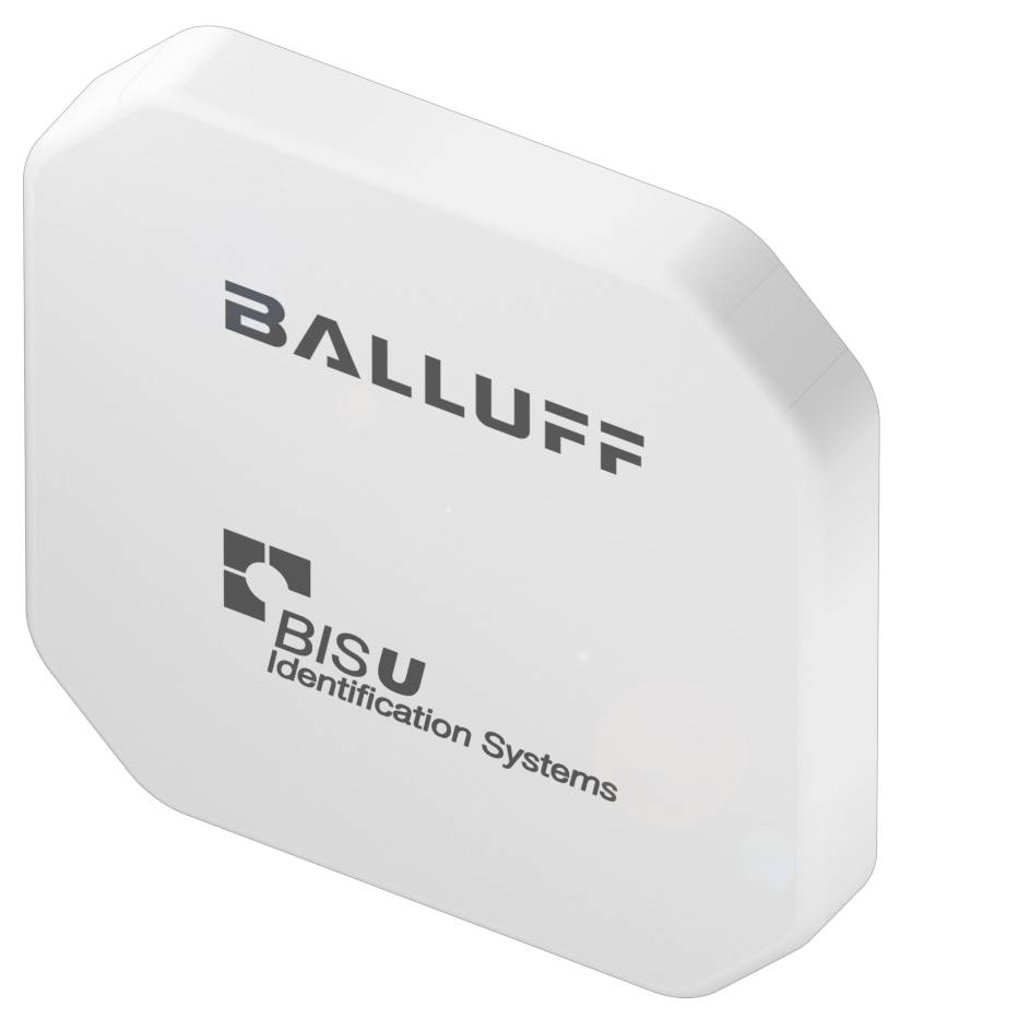 Ein weißes Gerät mit der Aufschrift 'BALLUFF' und 'BIS U Identification Systems', wahrscheinlich ein RFID-Identifikationssystem.