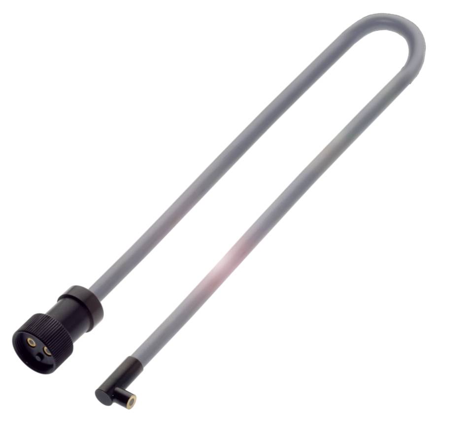 Ein langes, graues Sicherheits-Fahrradschloss in U-Form mit einem runden, schwarzen Verschlussmechanismus.