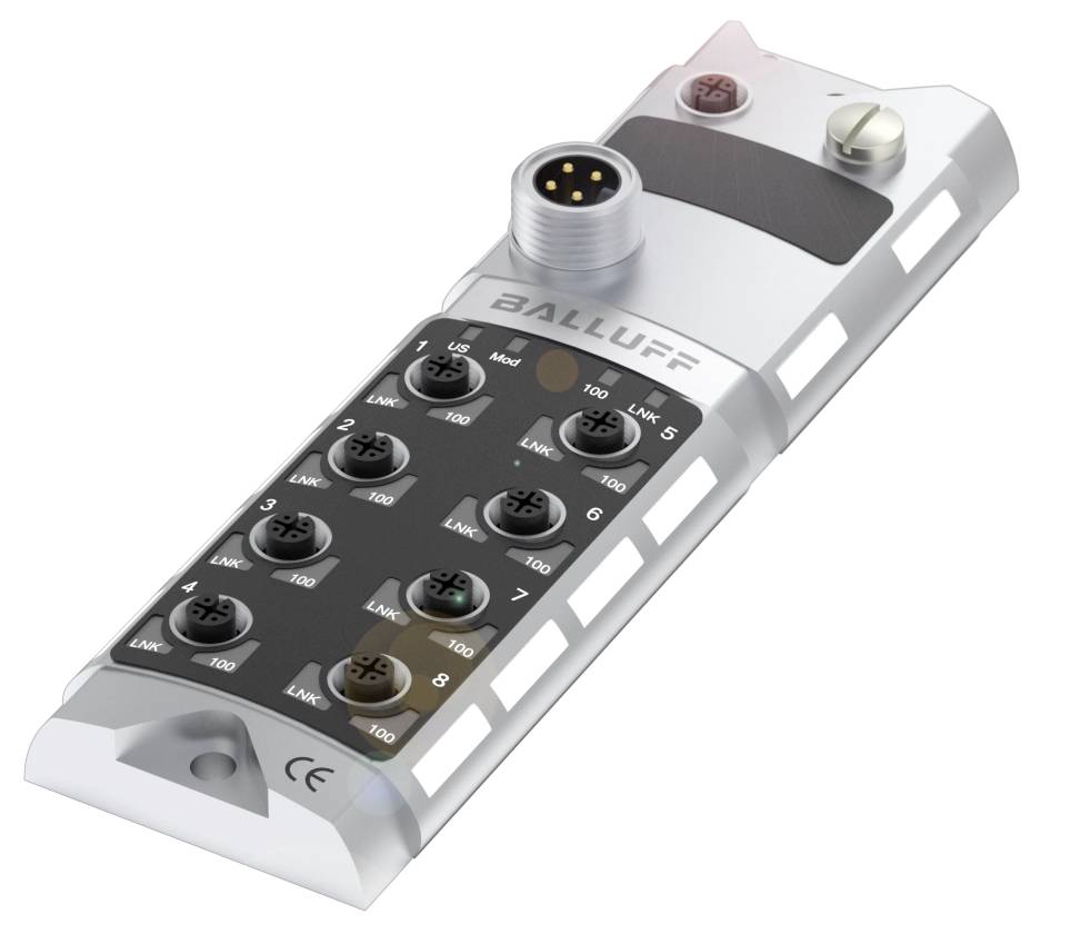 Ein grauer industrieller Steckverbinder mit mehreren schwarzen Anschlussbuchsen und einem runden Metallstecker, Markenname 'Balluff'.