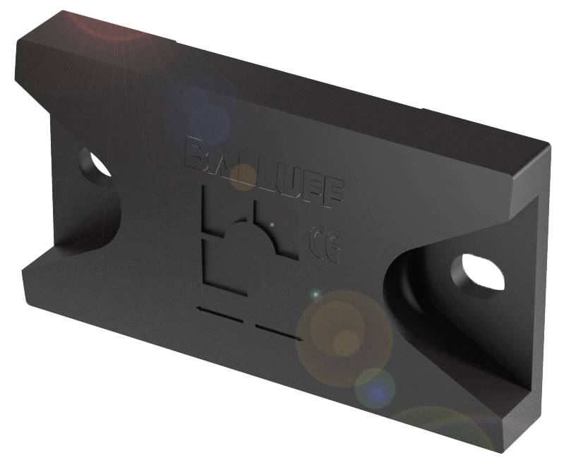 Ein rechteckiger schwarzer Magnetsensorhalter mit zwei Schraubenlöchern, verwendet zur Befestigung von Sensormodulen, zeigt ein Firmenlogo.