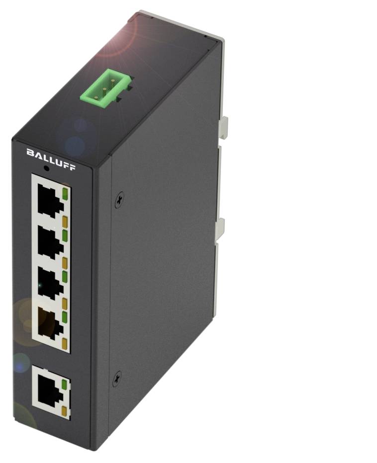 Ein schwarzer Ethernet-Switch mit fünf Ethernet-Ports und einem grünen Anschluss ist abgebildet, möglicherweise von der Marke Balluff.