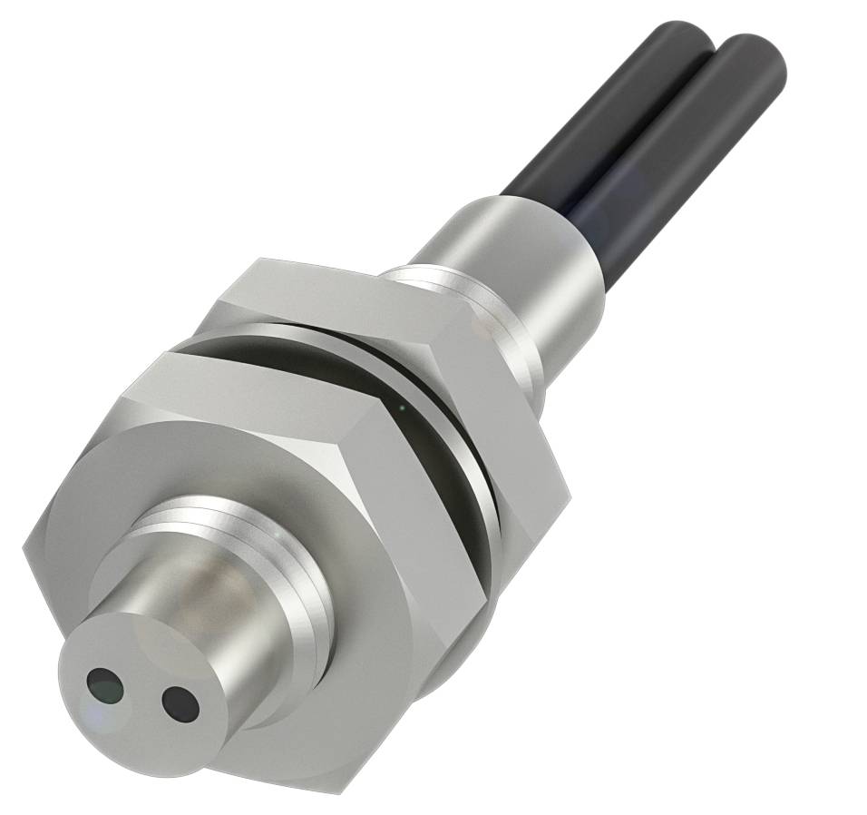 Metallsensor mit zylindrischem Gehäuse und zwei schwarzen Kabeln. Geeignet für industrielle Anwendungen.