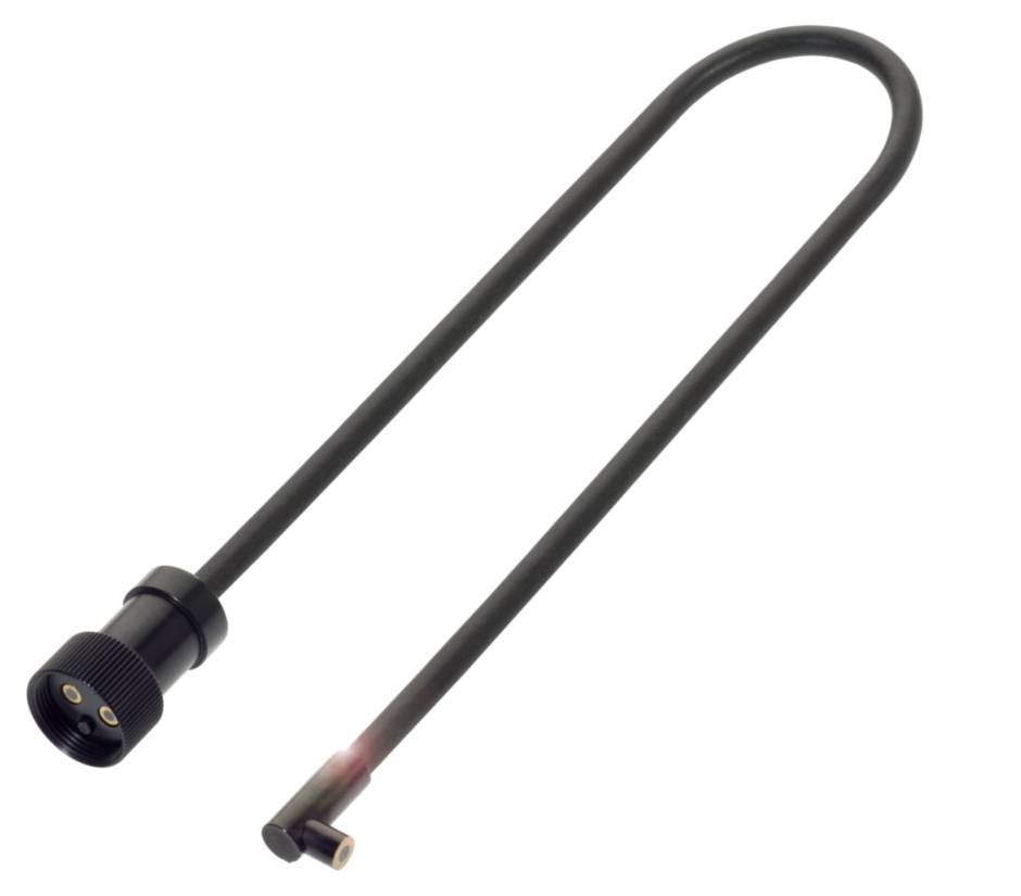 Ein langes, schwarzes U-förmiges Fahrradschloss mit einem runden Schließmechanismus auf der linken Seite.