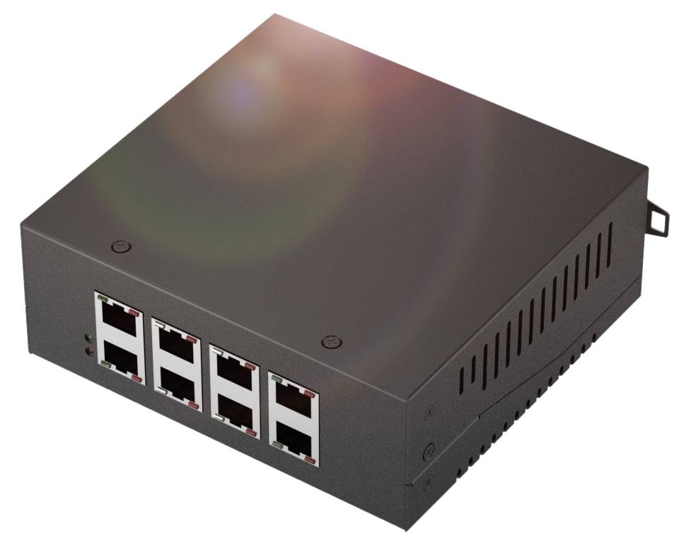 Ein schwarzes Netzwerkgerät mit mehreren Ethernet-Anschlüssen an der Vorderseite. Lüftungsschlitze sind an der Seite sichtbar.