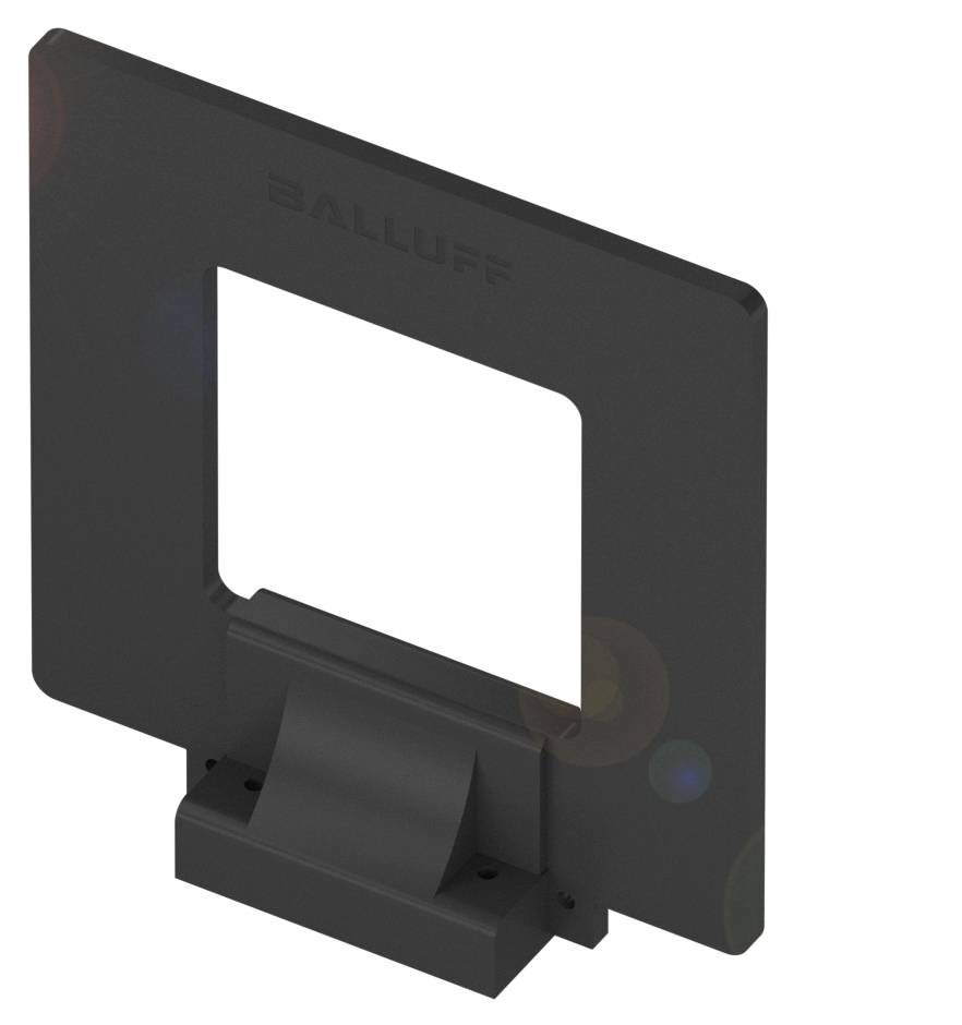 Ein rechteckiger schwarzer Sensorrahmen mit einer quadratischen Aussparung in der Mitte und einer Halterung an der Basis. Das Wort 'BALLUFF' ist oben eingraviert.