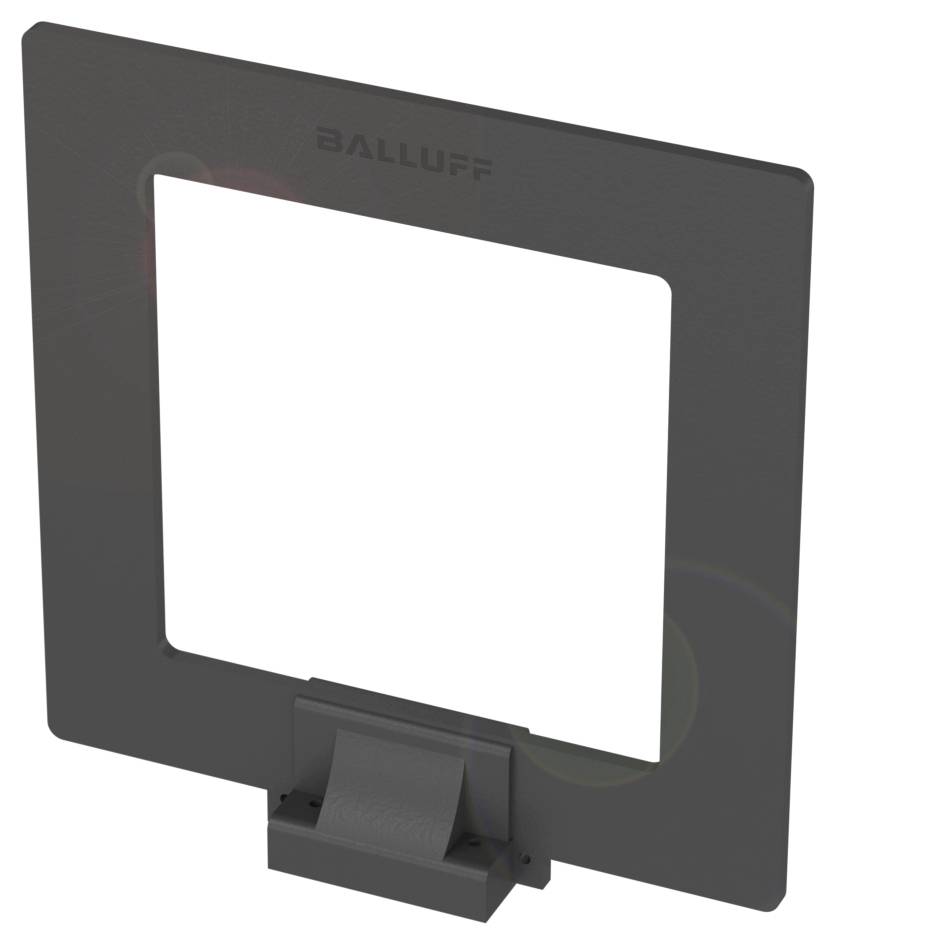 Dunkler quadratischer Sensorrahmen mit großer, rechteckiger Öffnung, montiert auf einem kleinen Sockel. Markenname oben eingraviert.