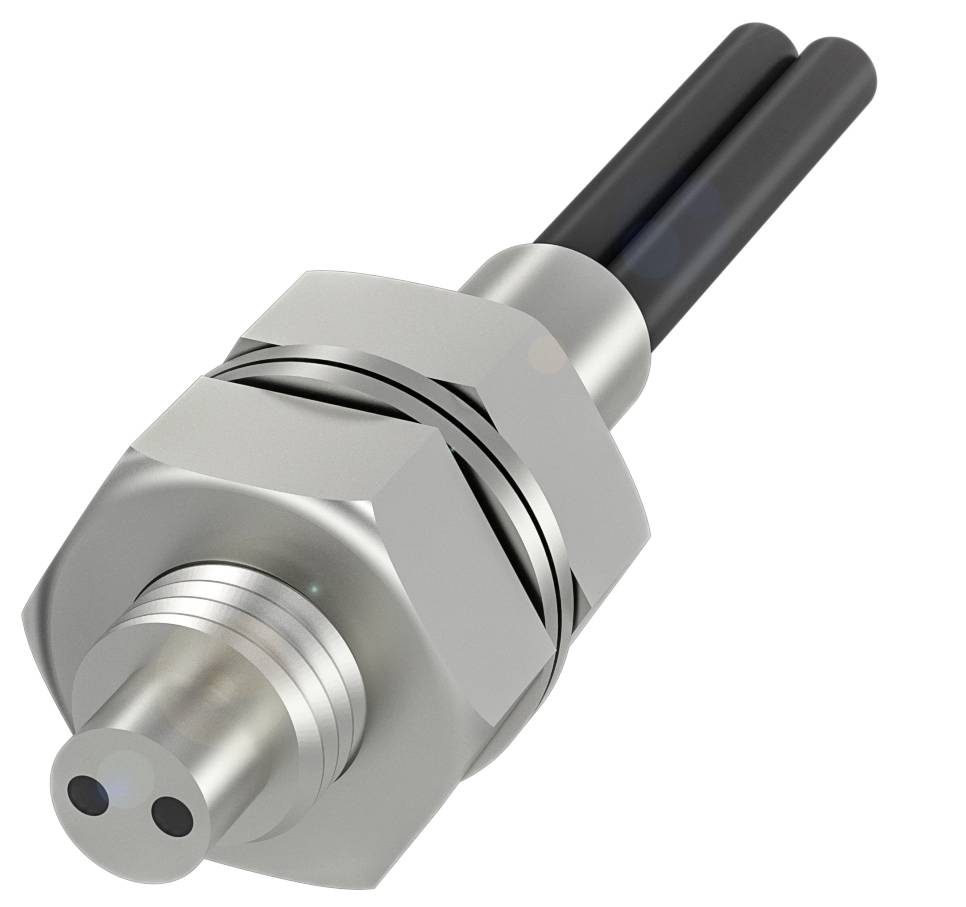 Metall-Steckverbinder mit zwei schwarzen Kabeln und silbernem Gewinde. Technikkomponente für elektrische Verbindungen.