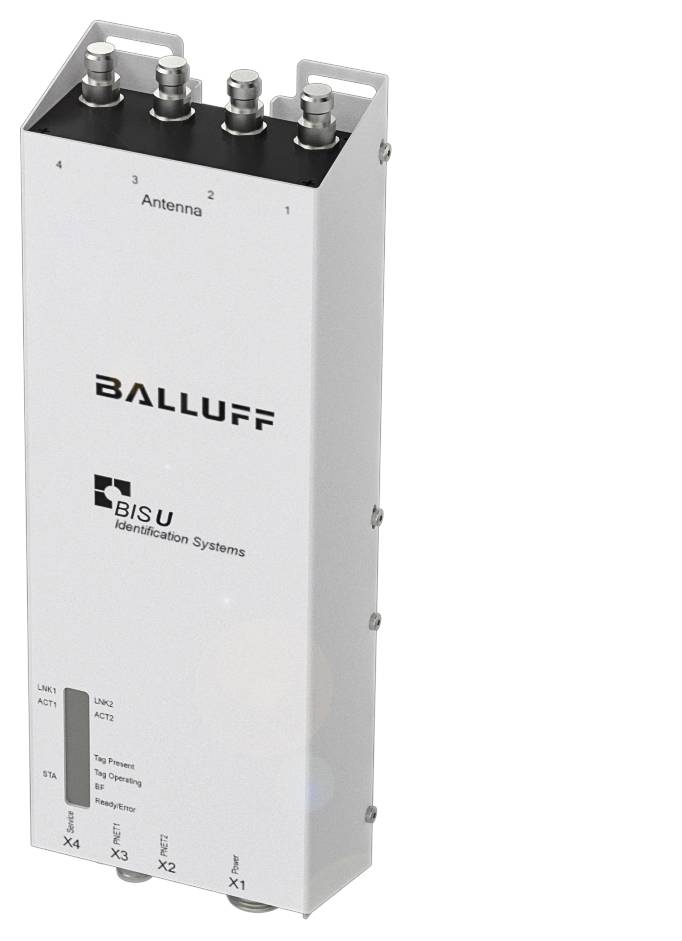 RFID-Gerät der Marke Balluff, Modell BIS U. Es enthält vier Antennenanschlüsse und mehrere Verbindungspunkte für die Datenkommunikation.