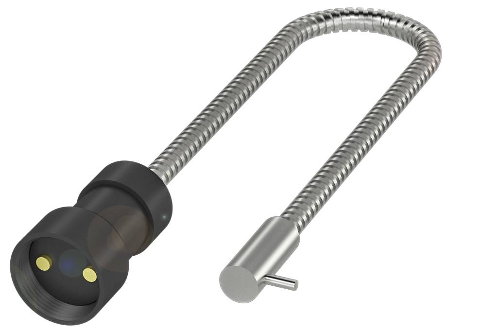 Abbildung eines flexiblen, metallischen Schwanenhals-Schlosses mit zweipoligem Stecker, geeignet zur Sicherung elektronischer Geräte.