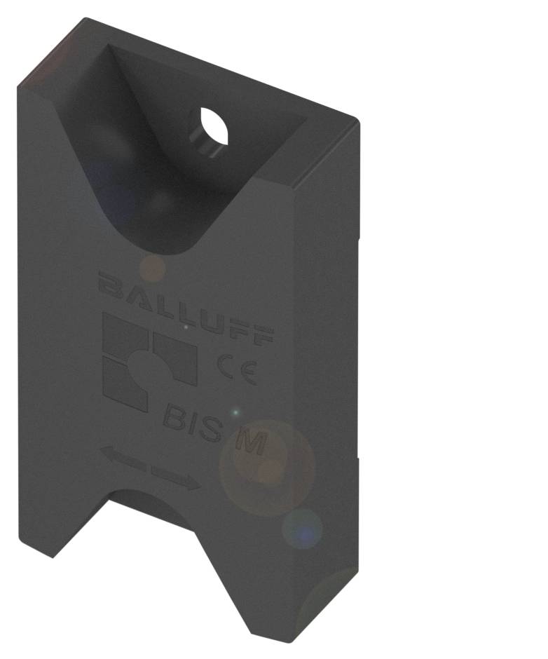 Ein RFID-Gerät von Balluff, Modell BIS M, in rechteckiger Form mit kleinem Loch für Befestigung, schwarze Oberfläche.