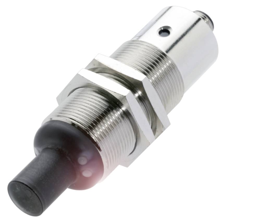 Ein zylindrischer, silberner Druckschalter mit schwarzem Knopf und Gewinde, geeignet für industrielle Anwendungen.