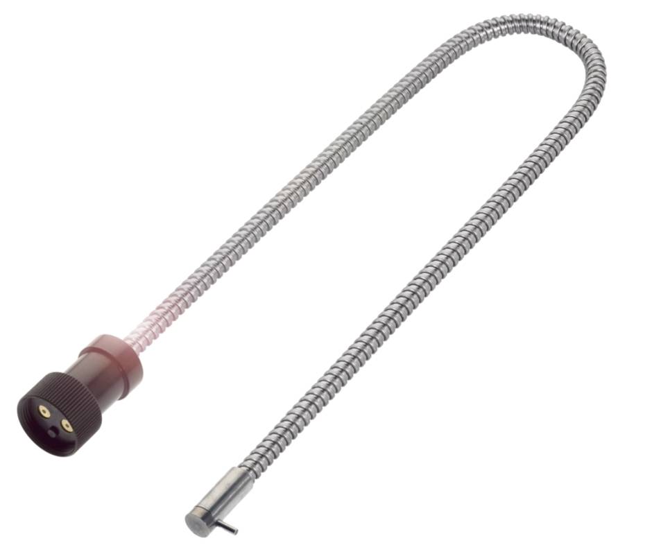 Flexibler Edelstahl-Duschschlauch mit schwarzem, geripptem Kunststoffverschluss und silbernem Anschlussstück.