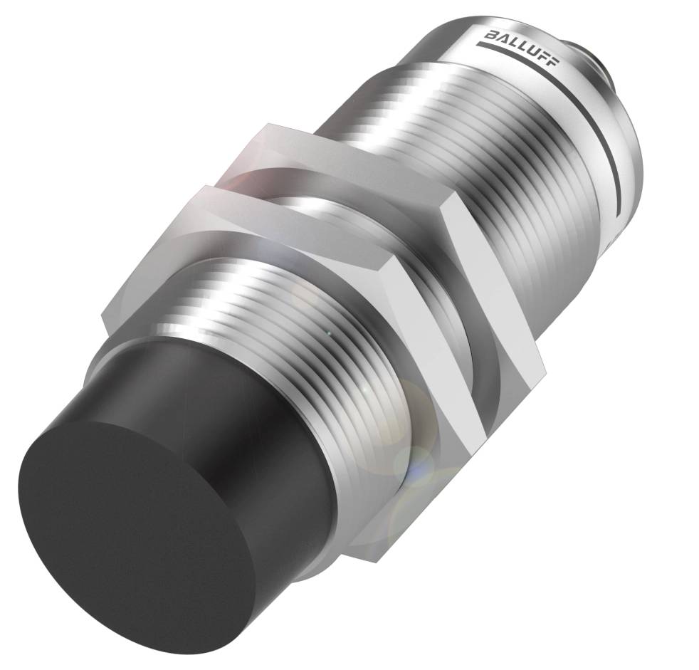 Ein zylindrischer, metallischer Sensor mit schwarzem Stirnende und einer sechseckigen Halterung, geeignet für industrielle Anwendungen.