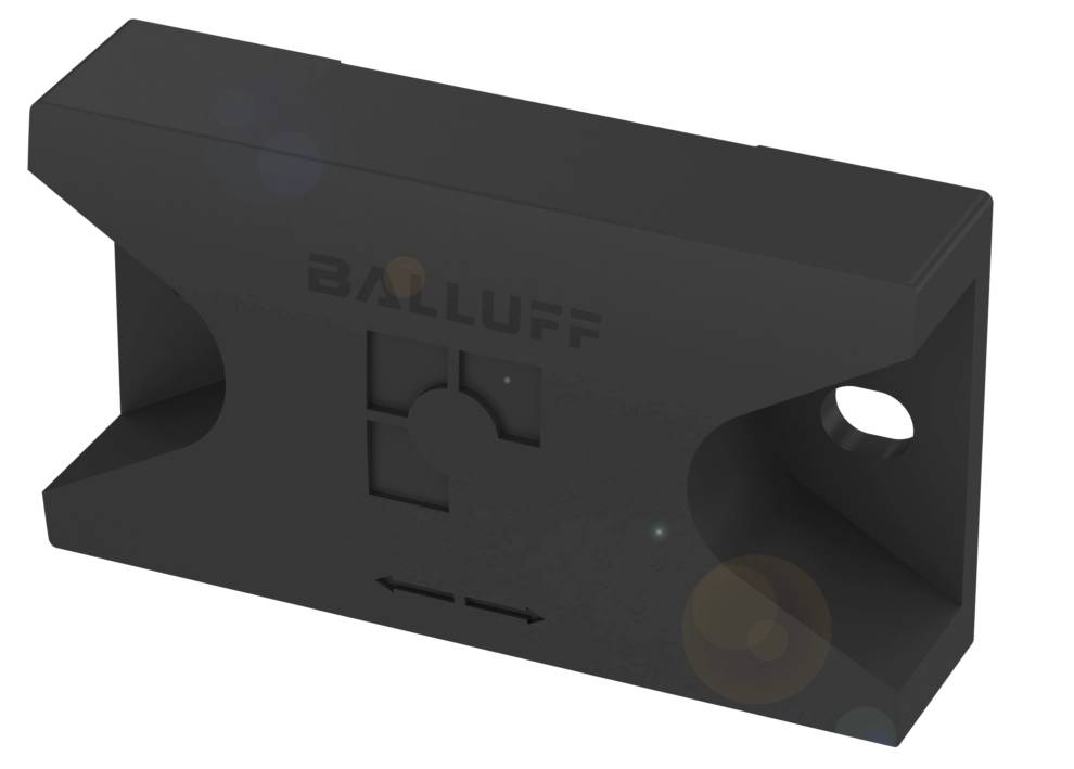 Schwarzes, rechteckiges Gehäuseelement mit der Aufschrift 'BALLUFF', zeigt eine Aussparung und zwei Montagerlöcher.