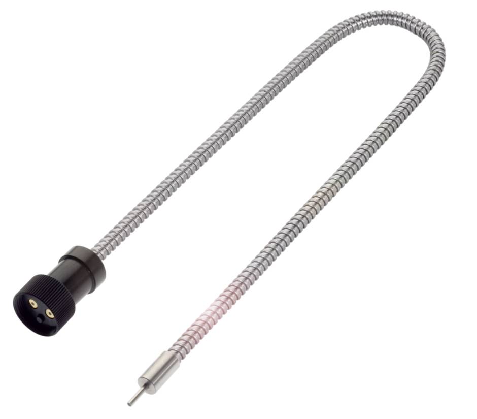 Flexibler, metallener Schwanenhals mit schwarzem Anschluss auf der einen Seite und feiner Metallspitze auf der anderen Seite.